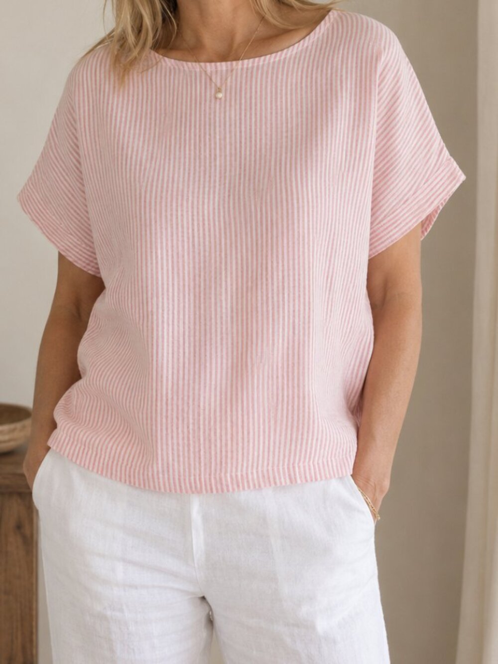 Marks & Spencers Relaxed Pink Striped 100% Linen Short-Sleeve Top S10